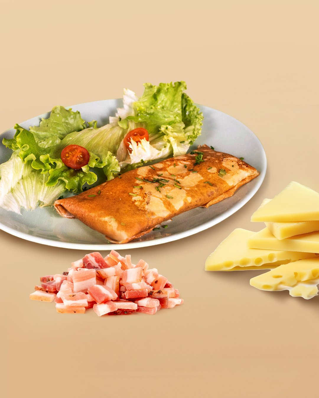 Mont Chéri — crêpe froment garnie de raclette, lardons fumés ou jambon de dinde, oignons caramélisés et pommes de terre vapeur